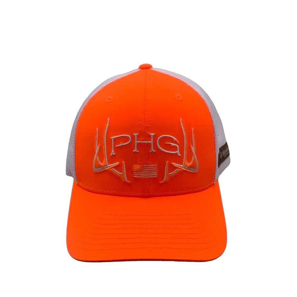 Columbia PHG Trucker Hat Mens Snapback Blaze Orange White Deer Antlers